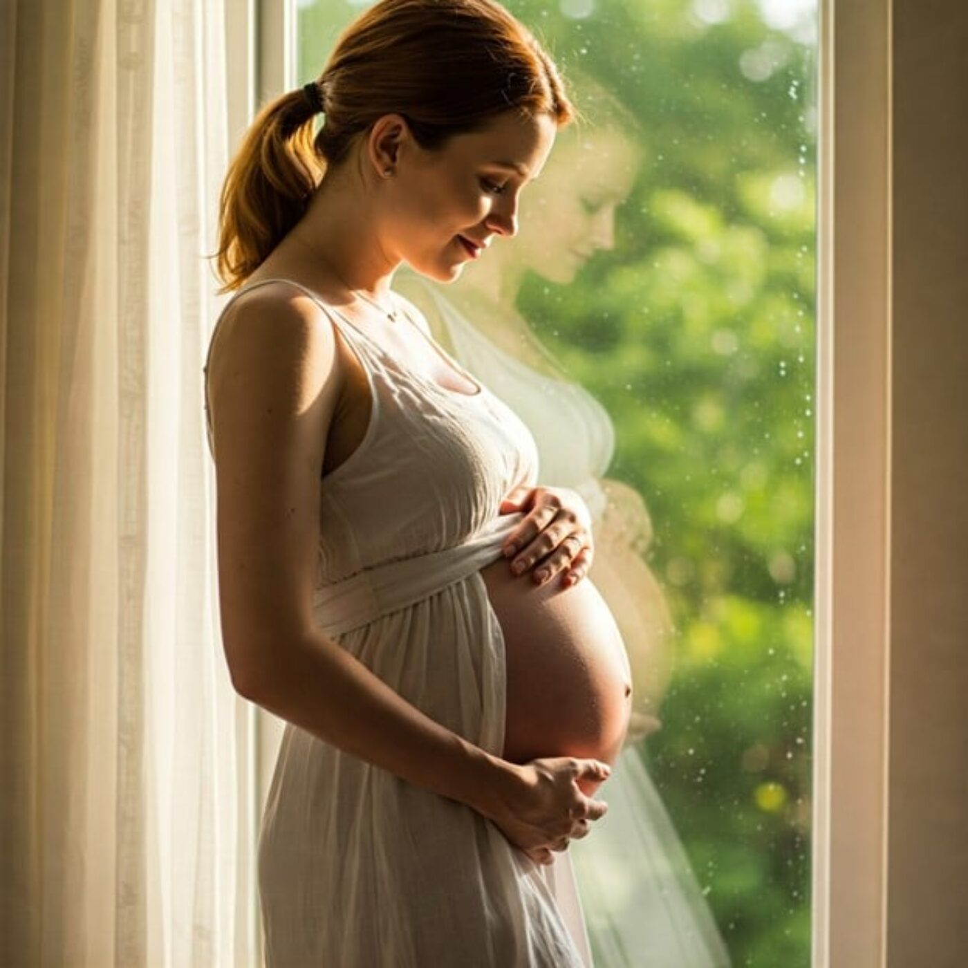 Pregnant woman standing by a sunny window, gently holding her belly.